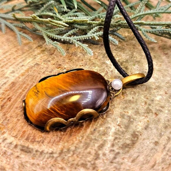Nature Tiger Eye Polished Stone Flower Pattern Wrapped Pendant Necklace - Picture 8 of 10